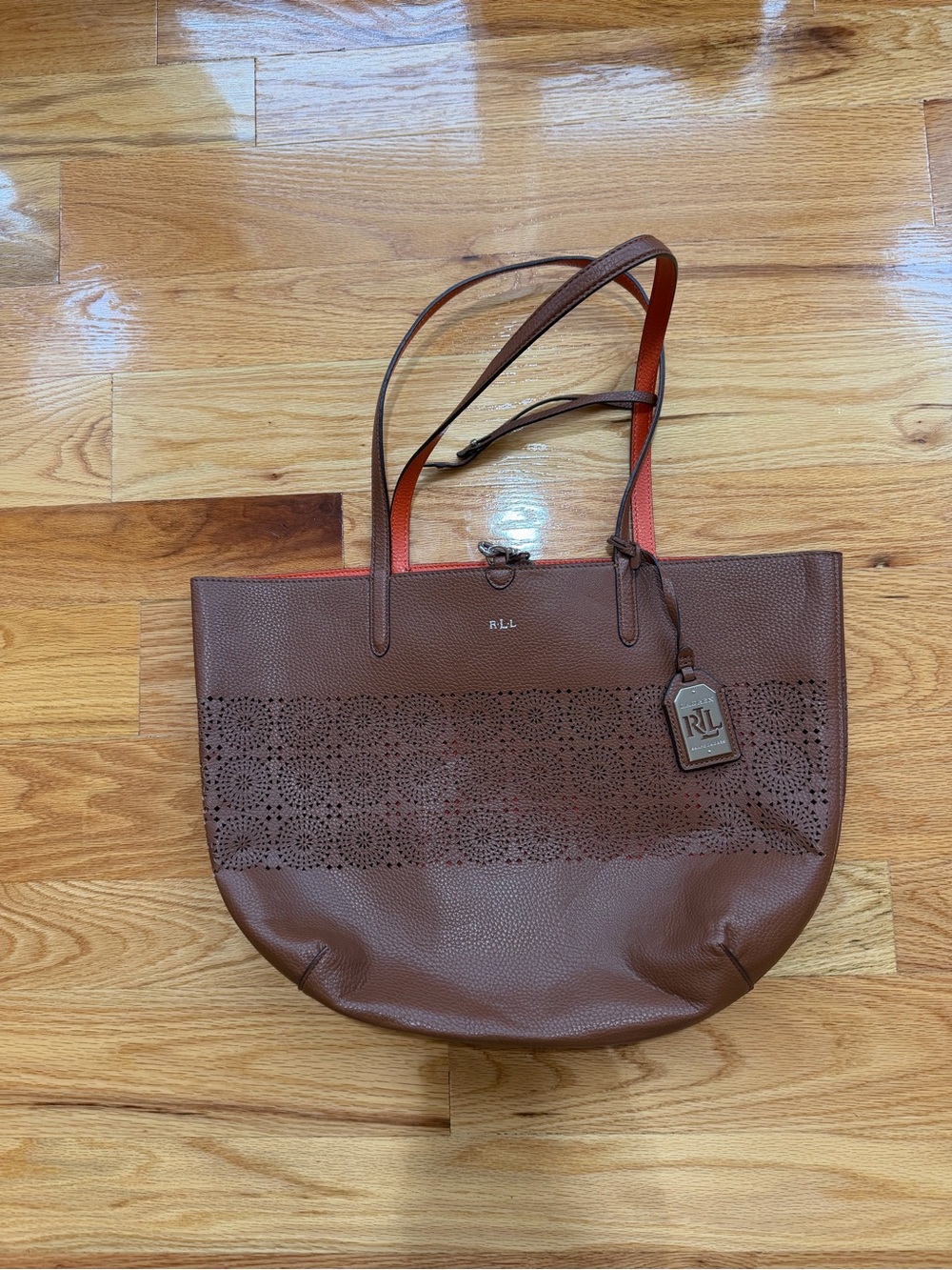 Lauren Ralph Lauren Brown Perforated Faux Leather Tote with RL Tag